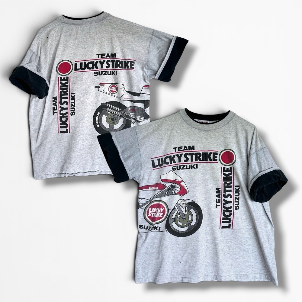 VTG 90s Team Suzuki Lucky Strike Racing T-shirt AOP Motorcycle Wrap-around XL